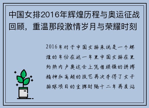 中国女排2016年辉煌历程与奥运征战回顾,重温那段激情岁月与荣耀时刻